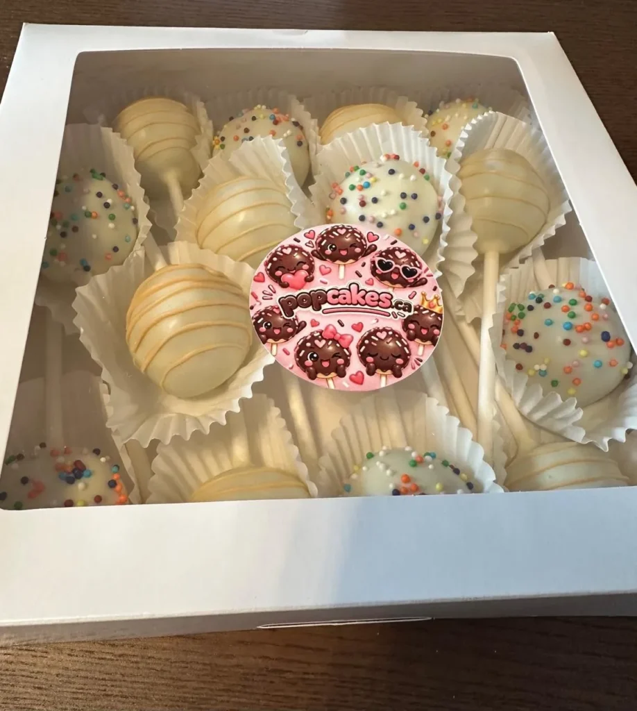 Gift box of sprinkle and drizzle cake pops with Popcakes sticker - Popcakes Ottawa