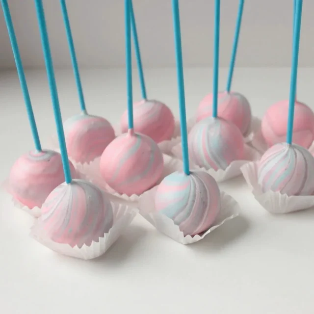 Custom pastel pink and pale blue swirl cake pops - Popcakes Ottawa