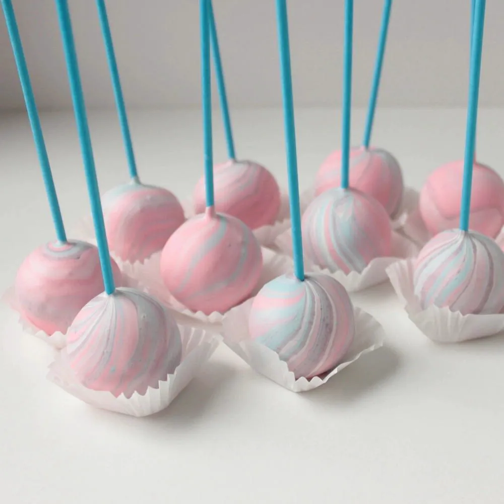 Custom pastel pink and pale blue swirl cake pops - Popcakes Ottawa