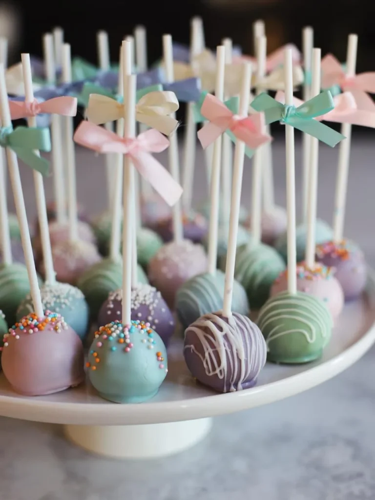 Pastel cake pops with ribbon bows on a cake stand - Popcakes Ottawa
