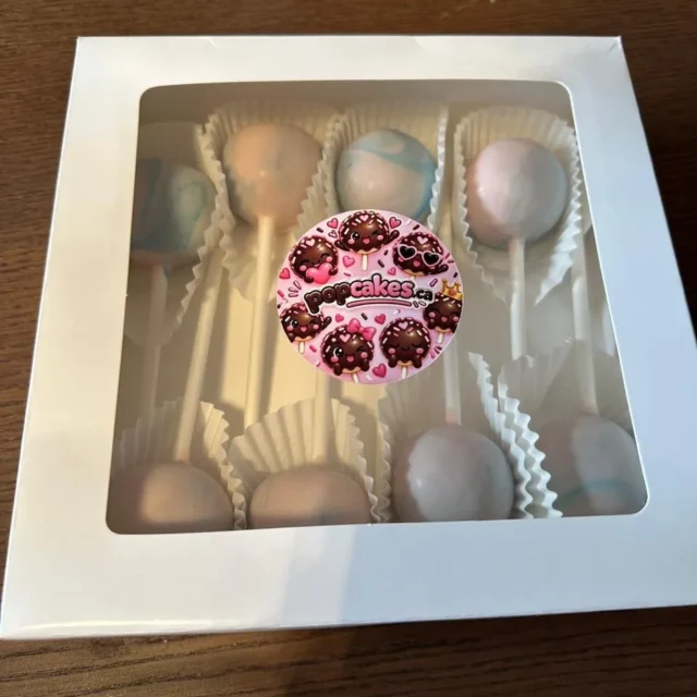 Pastel marbled cake pops in a gift box with Popcakes sticker - Popcakes Ottawa