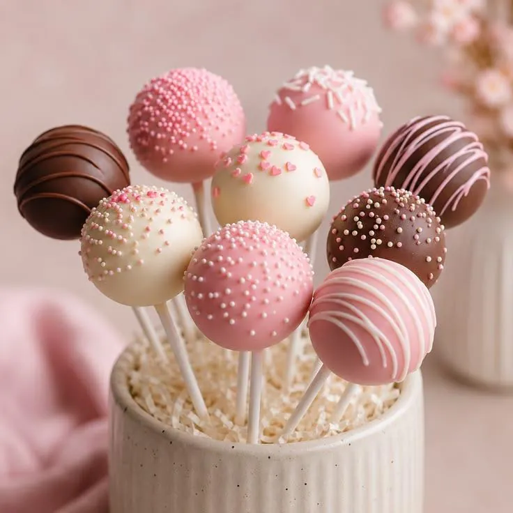 Pink, white and chocolate cake pops with drizzle and sprinkles - Popcakes Ottawa