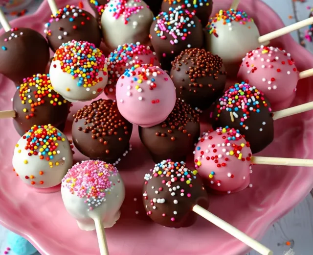 Pink and chocolate-coloured cake pops with rainbow sprinkles - Popcakes Ottawa