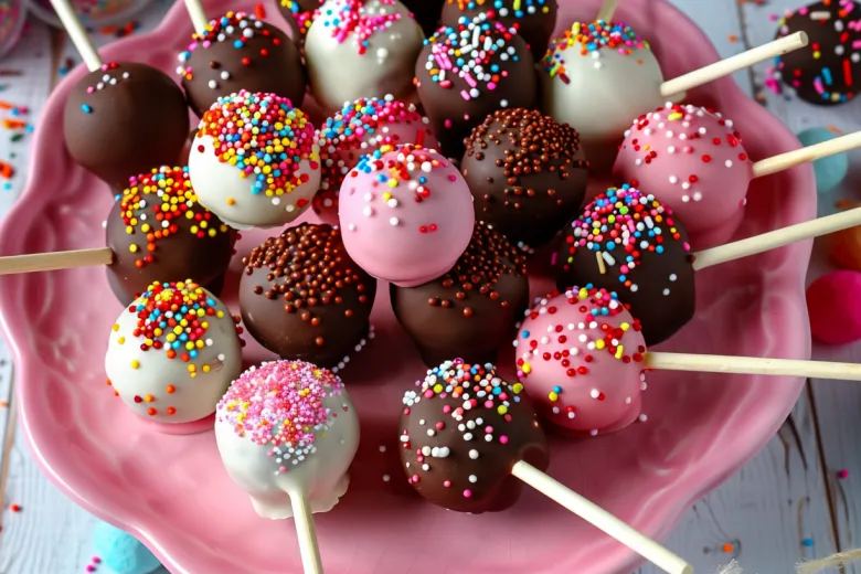 Pink and chocolate-coloured cake pops with rainbow sprinkles - Popcakes Ottawa
