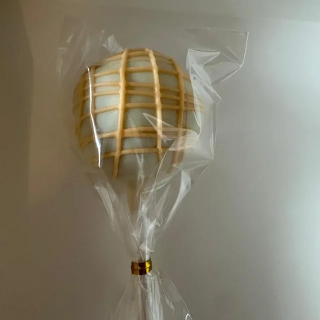 Wrapped white cake pop with lattice drizzle - Popcakes Ottawa