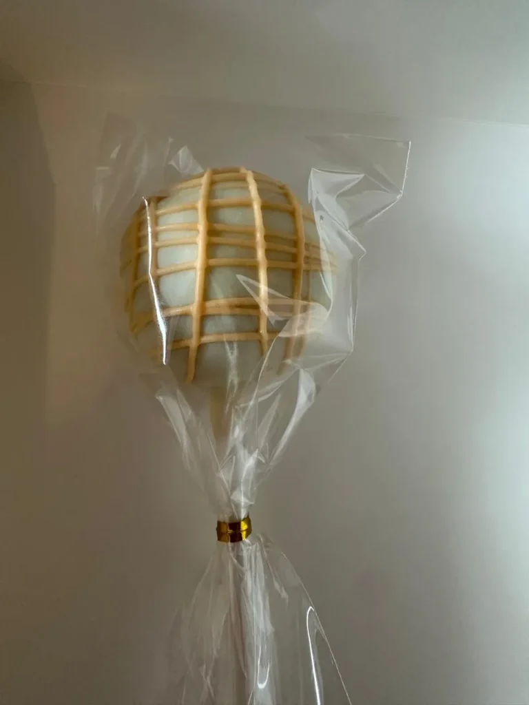 Wrapped white cake pop with lattice drizzle - Popcakes Ottawa